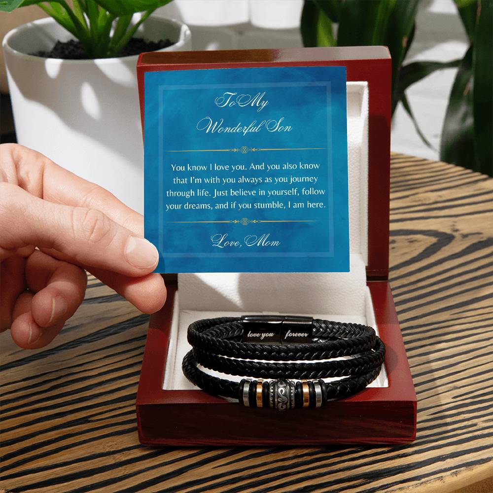 To My Wonderful Son - Love You Forever Bracelet - Stainless Steel - Vegan Leather